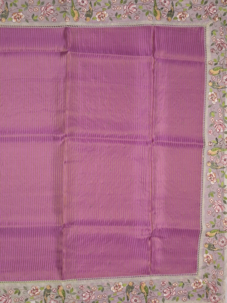 Dola tissue fancy saree purple color allover stripes & embroidery cutwork border with running pallu and plain blouse