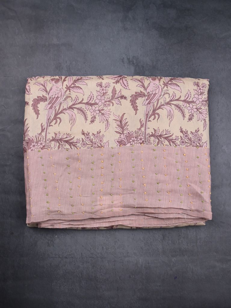 Tussar fancy saree baby pink color allover digital prints & zari border with contrast pallu and plain blouse