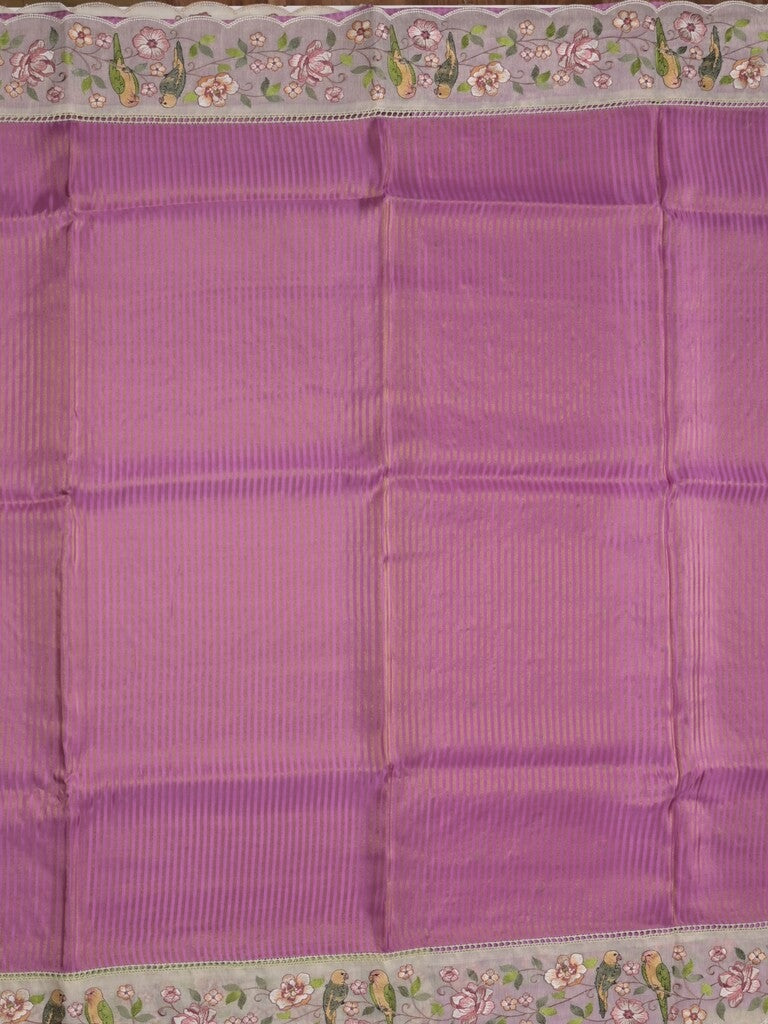 Dola tissue fancy saree purple color allover stripes & embroidery cutwork border with running pallu and plain blouse