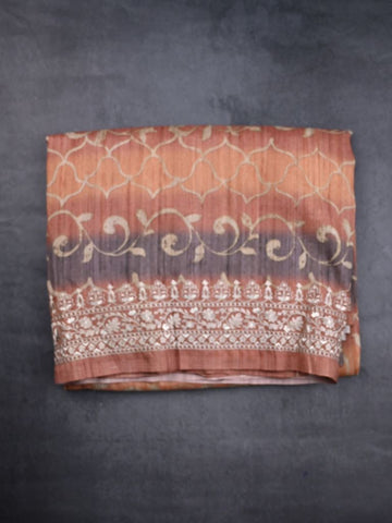 Tussar fancy saree orange color allover digital prints & zari border with contrast pallu and plain blouse