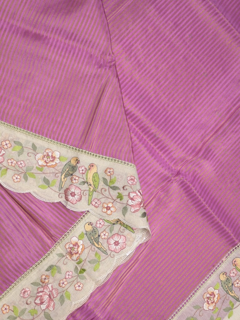 Dola tissue fancy saree purple color allover stripes & embroidery cutwork border with running pallu and plain blouse