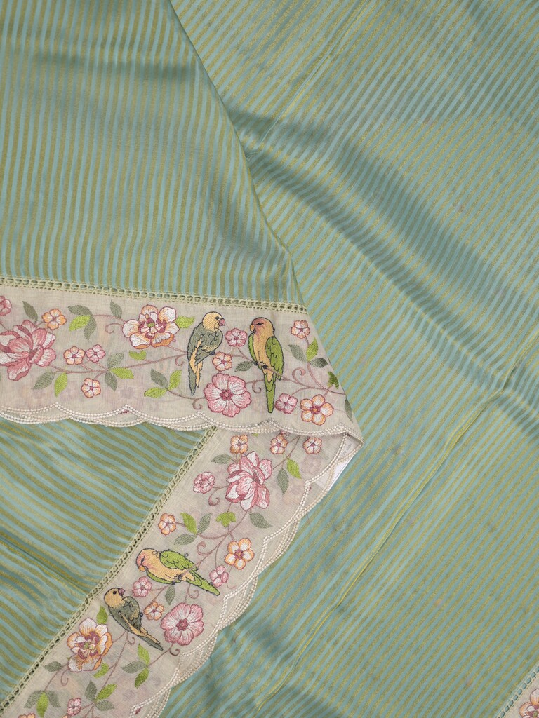 Dola tissue fancy saree lux geeen color allover stripes & embroidery cutwork border with running pallu and plain blouse