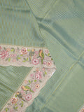 Dola tissue fancy saree lux geeen color allover stripes & embroidery cutwork border with running pallu and plain blouse