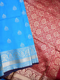 Banaras fancy saree sky blue color allover zari motifs & zari border with rich pallu and contrast plain blouse