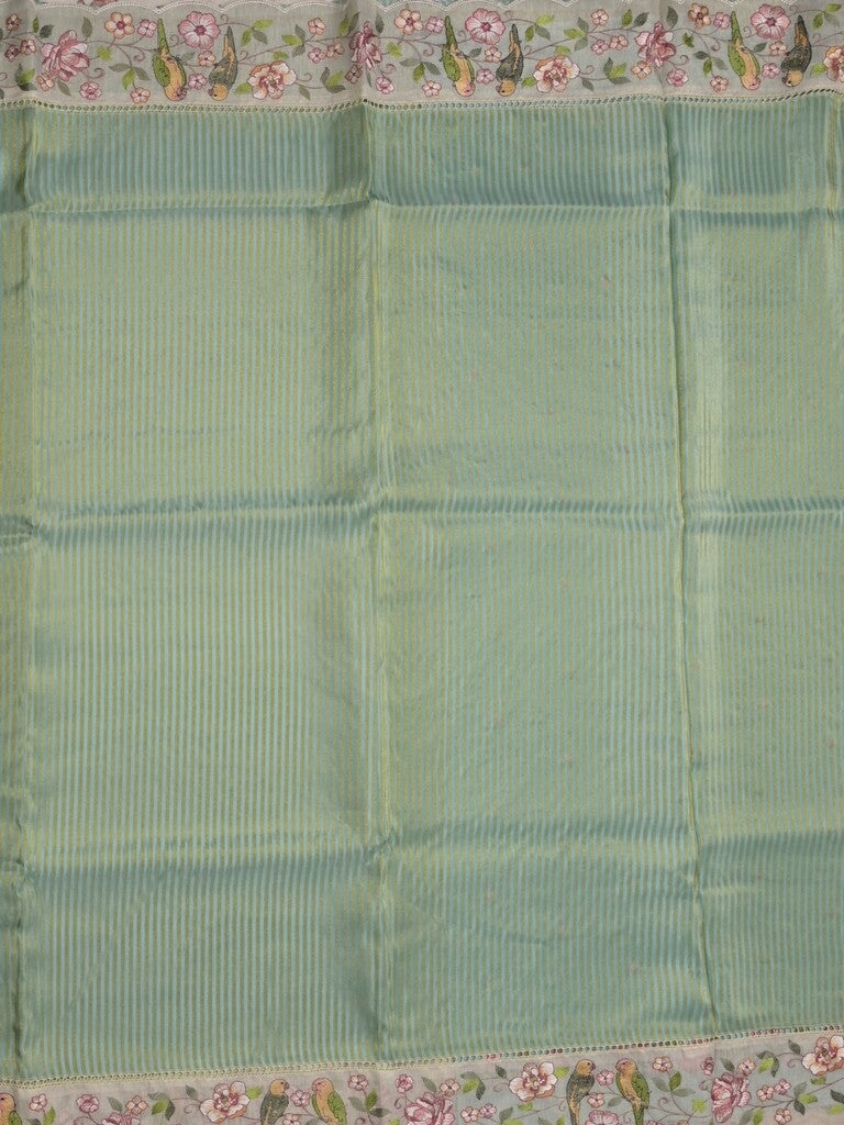 Dola tissue fancy saree lux geeen color allover stripes & embroidery cutwork border with running pallu and plain blouse