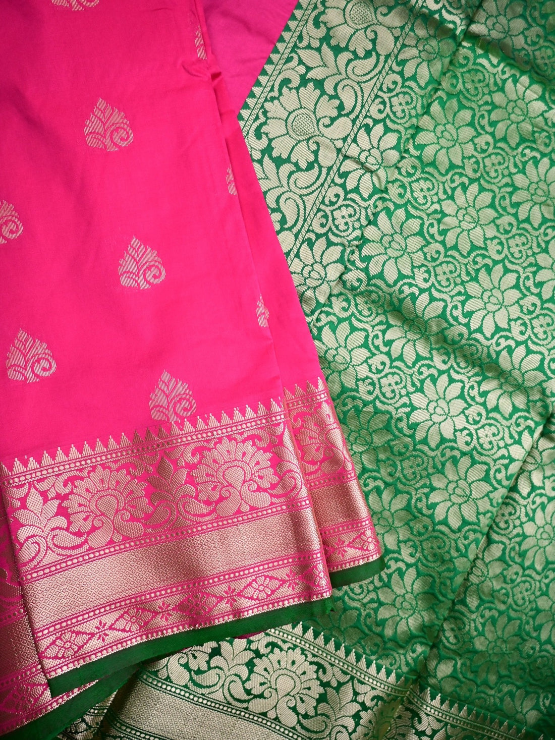 Banaras fancy saree rose pink color allover zari motifs & zari border with rich pallu and contrast plain blouse