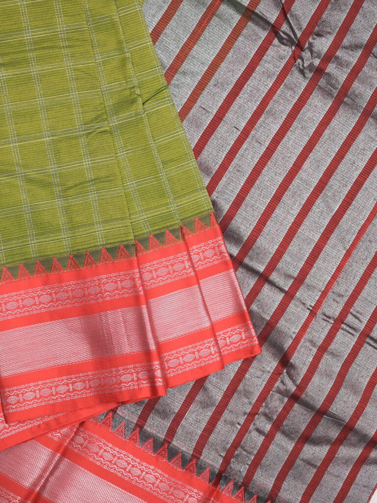 Mangalagiri pattu saree olive green color allover zari checks & zari border with striped pallu and plain blouse