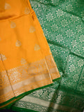 Banaras fancy saree yellow color allover zari motifs & zari border with rich pallu and contrast plain blouse