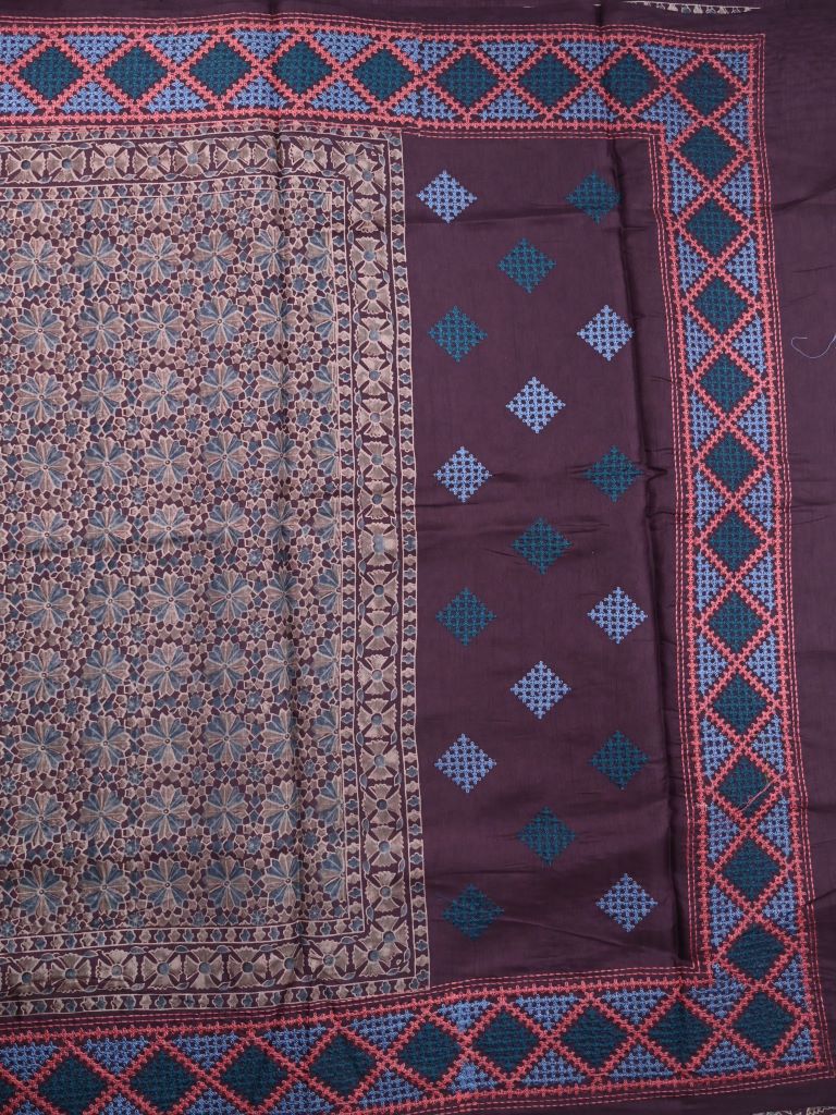 Tussar fancy saree maroon color allover digital prints & zari border with contrast pallu and plain blouse