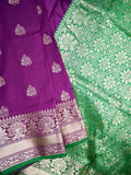 Banaras fancy saree purple color allover zari motifs & zari border with rich pallu and contrast plain blouse