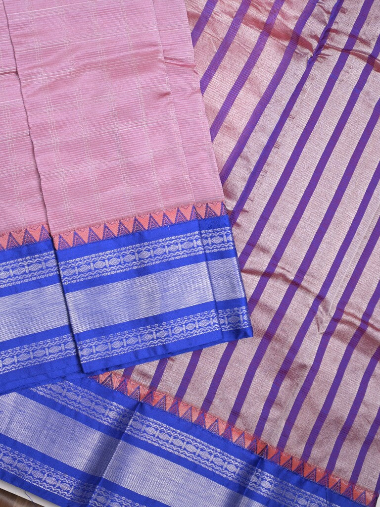 Mangalagiri pattu saree light purple color allover zari checks & zari border with striped pallu and plain blouse