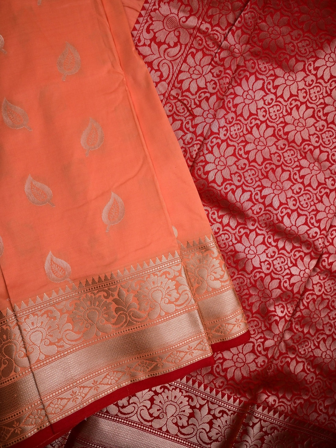 Banaras fancy saree peach color allover zari motifs & zari border with rich pallu and contrast plain blouse