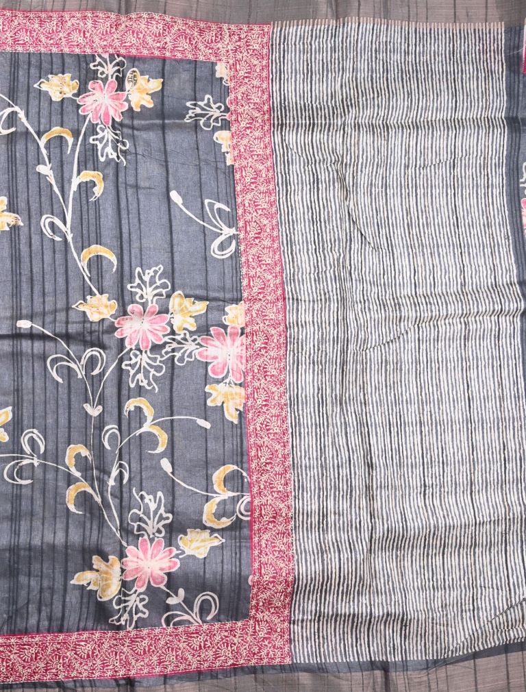 Tussar fancy saree grey color allover digital prints & zari border with contrast pallu and plain blouse