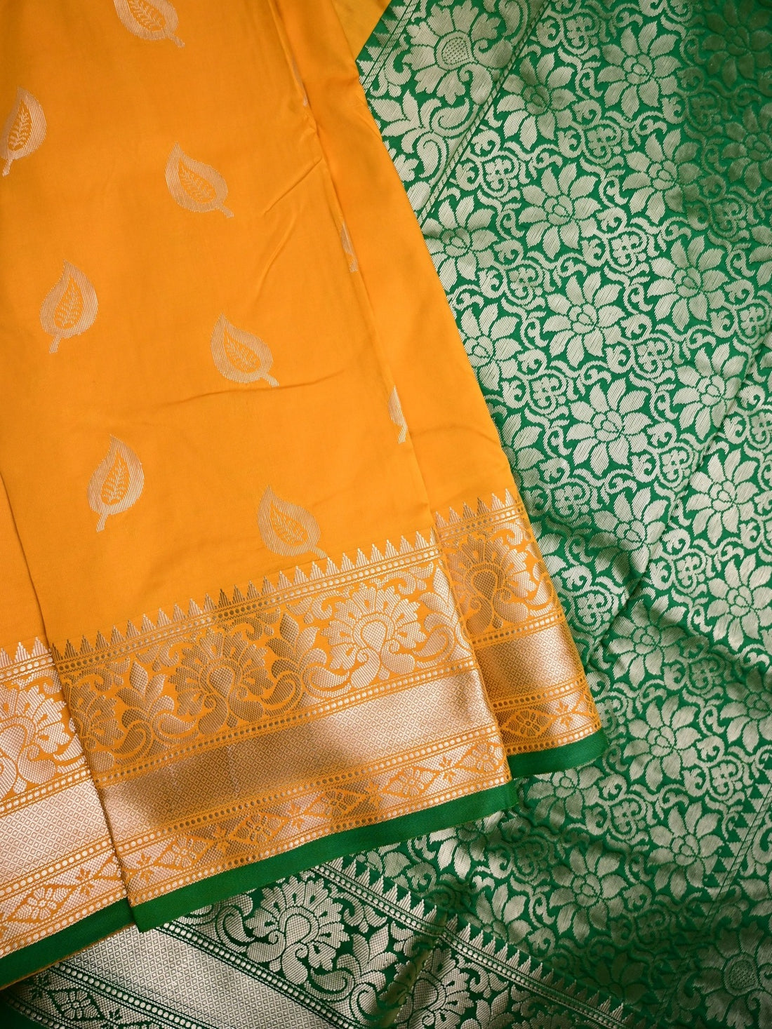 Banaras fancy saree yellow color allover zari motifs & zari border with rich pallu and contrast plain blouse