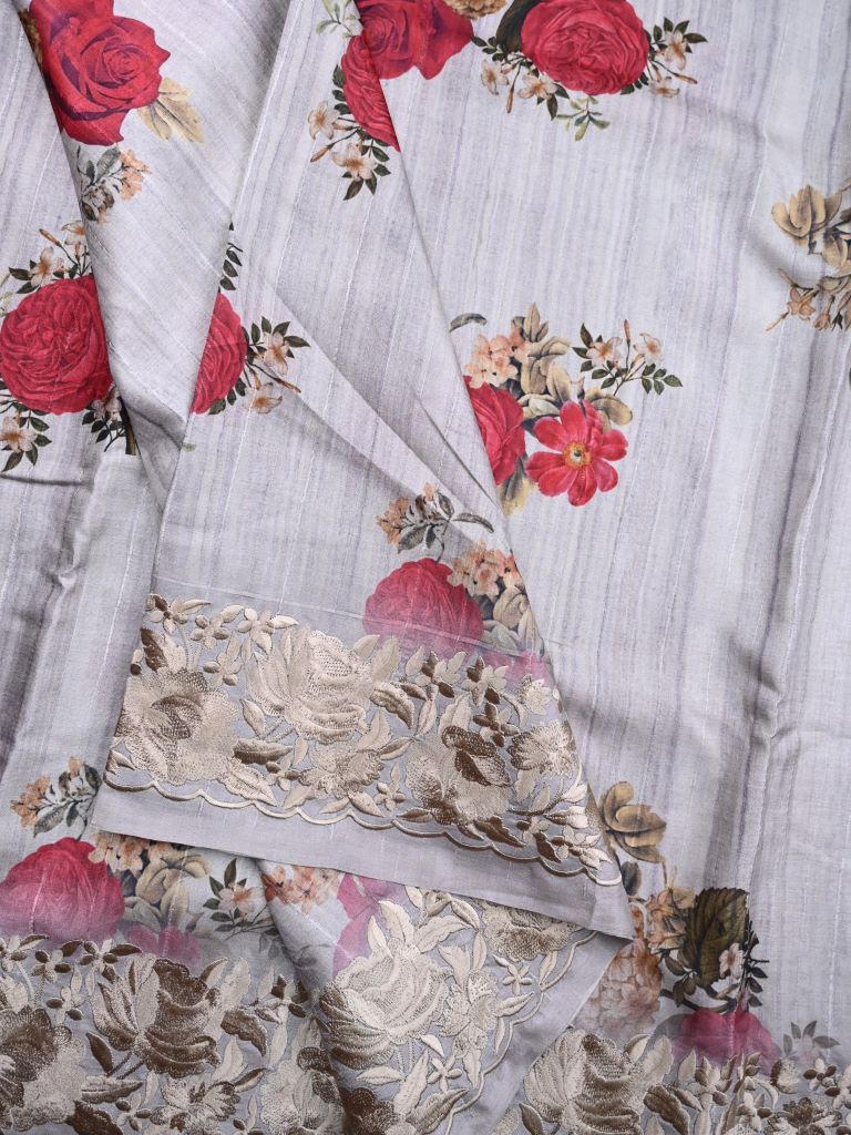 Tussar fancy saree half white color allover digital prints & zari border with contrast pallu and plain blouse