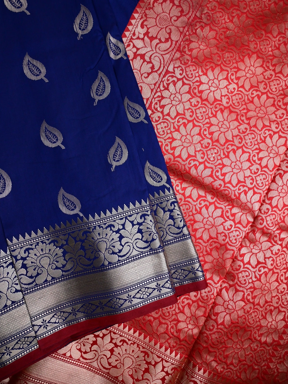 Banaras fancy saree royal blue color allover zari motifs & zari border with rich pallu and contrast plain blouse