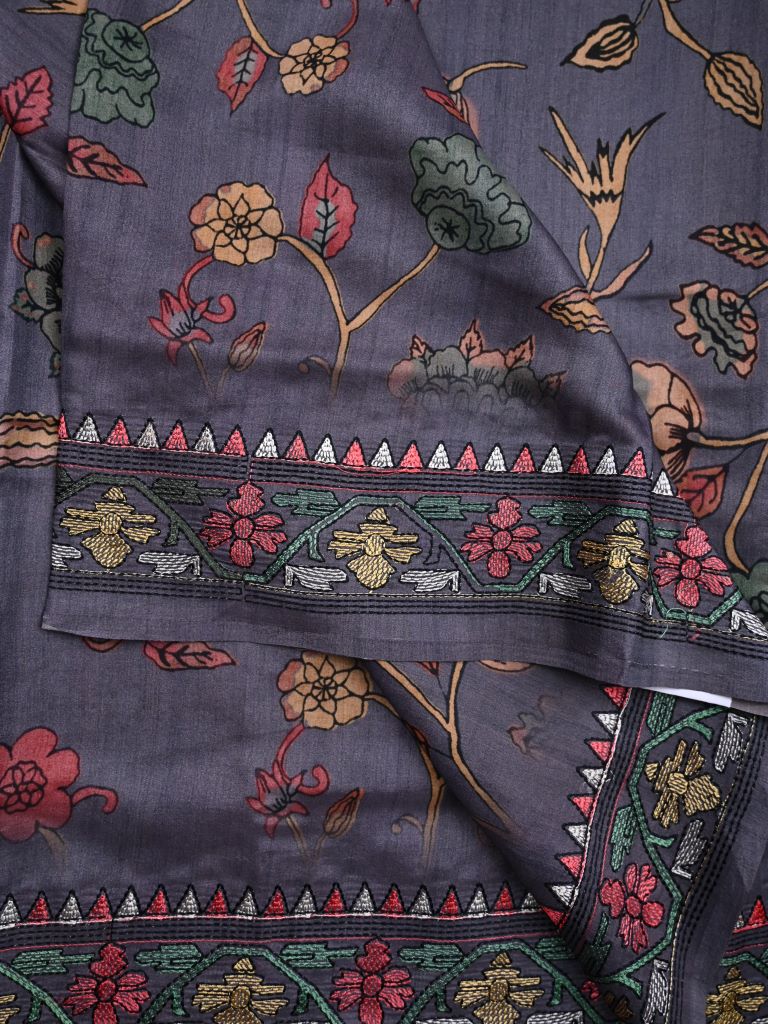 Tussar fancy saree grey color allover digital prints & zari border with contrast pallu and plain blouse