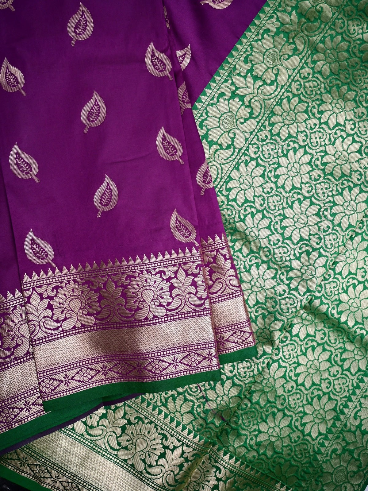 Banaras fancy saree purple color allover zari motifs & zari border with rich pallu and contrast plain blouse