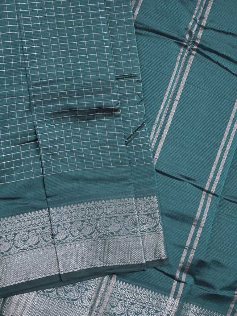 Mangalagiri pattu saree bluish grey color allover zari checks & zari border with striped pallu and plain blouse