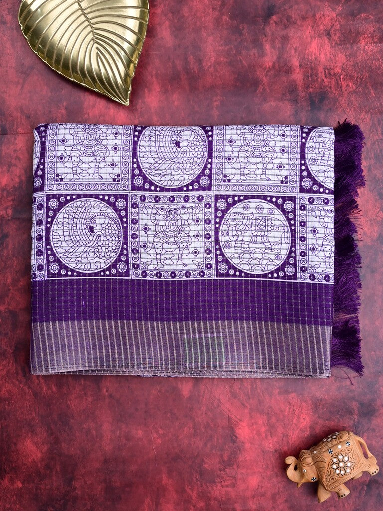 Manipuri silk fancy saree white and violet color allover prints & zari border with printed pallu and attached blouse