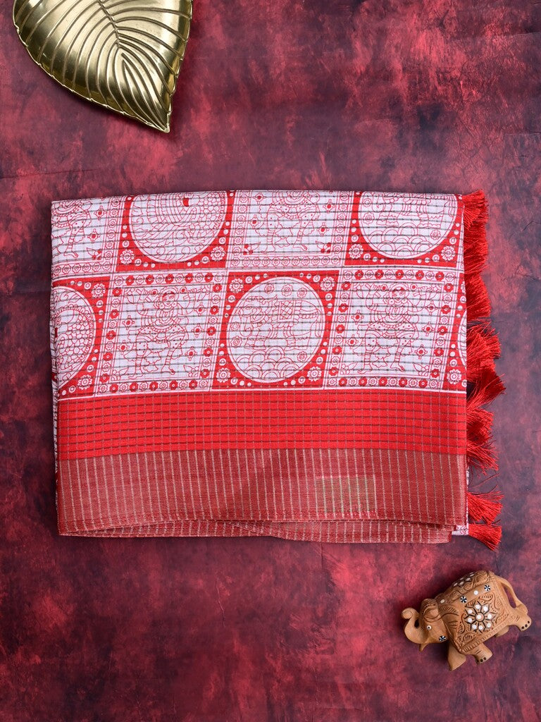 Manipuri silk fancy saree white and red color allover prints & zari border with printed pallu and attached blouse