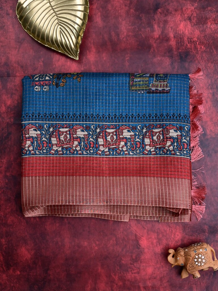 Manipuri silk fancy saree sky blue color allover prints & zari border with printed pallu and attached contrast blouse