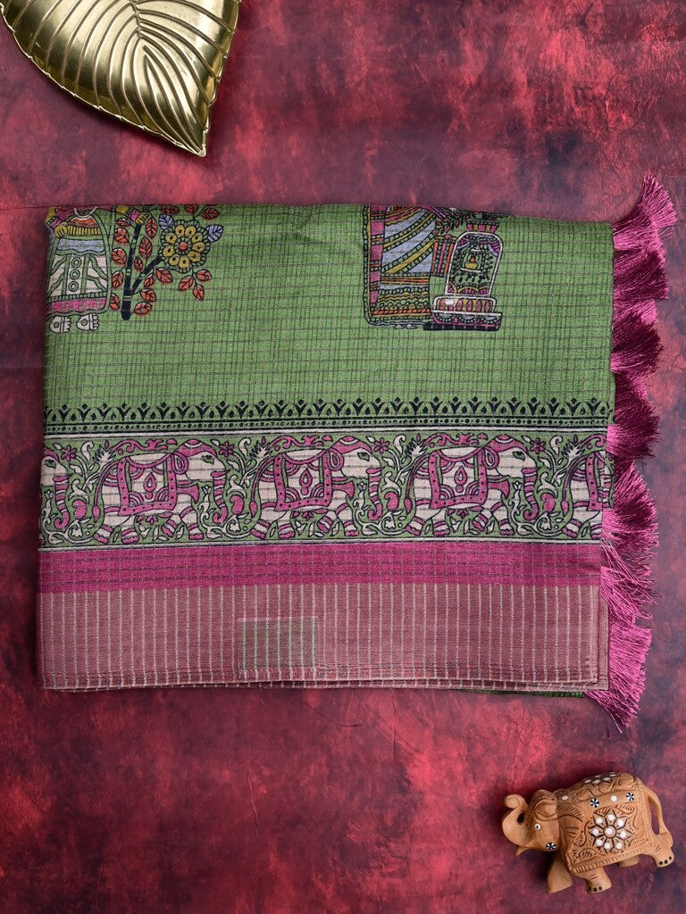 Manipuri silk fancy saree light olive green color allover prints & zari border with printed pallu and attached contrast blouse