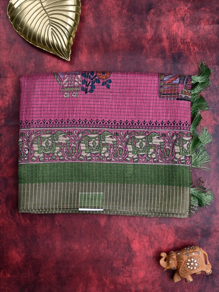 Manipuri silk fancy saree purple color allover prints & zari border with printed pallu and attached contrast blouse