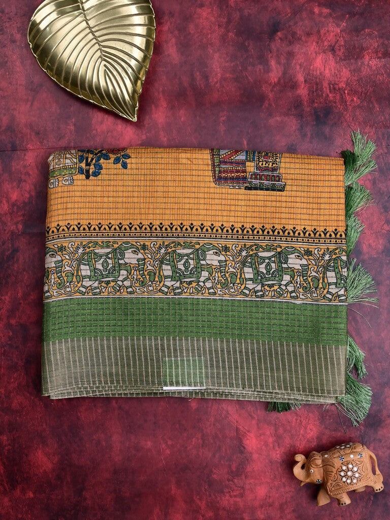 Manipuri silk fancy saree yellow color allover prints & zari border with printed pallu and attached contrast blouse