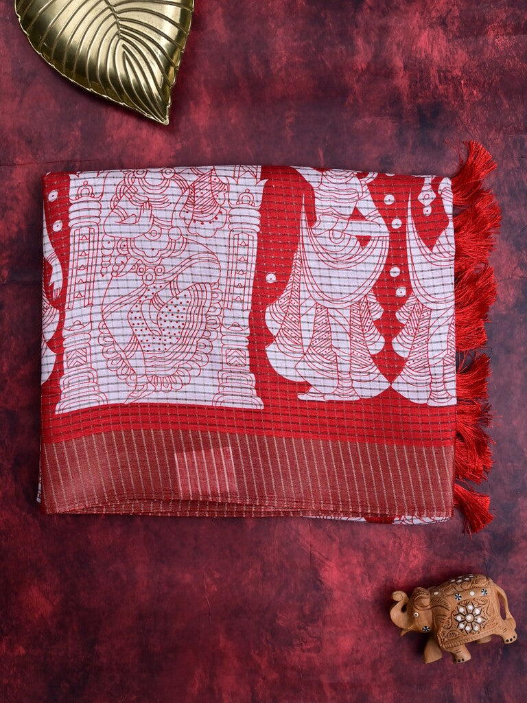 Manipuri silk fancy saree red color allover prints & zari border with printed pallu and attached blouse