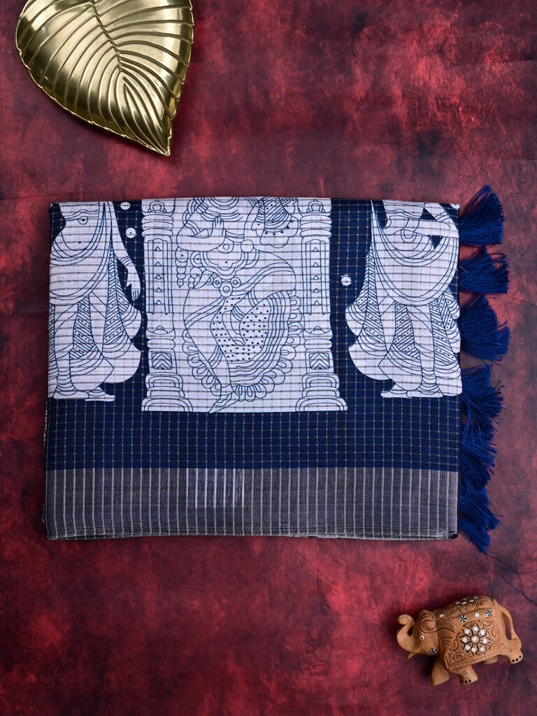 Manipuri silk fancy saree navy blue color allover prints & zari border with printed pallu and attached blouse