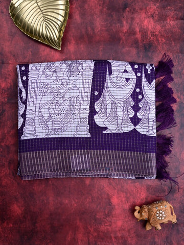 Manipuri silk fancy saree violet color allover prints & zari border with printed pallu and attached blouse