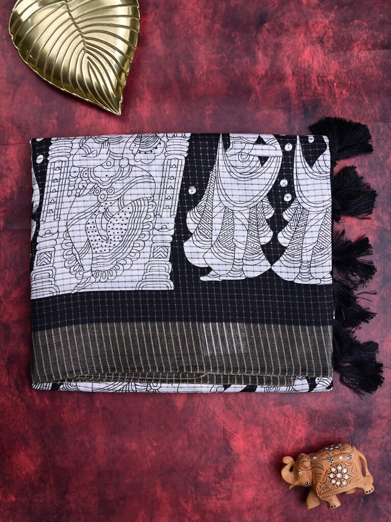 Manipuri silk fancy saree black color allover prints & zari border with printed pallu and attached blouse