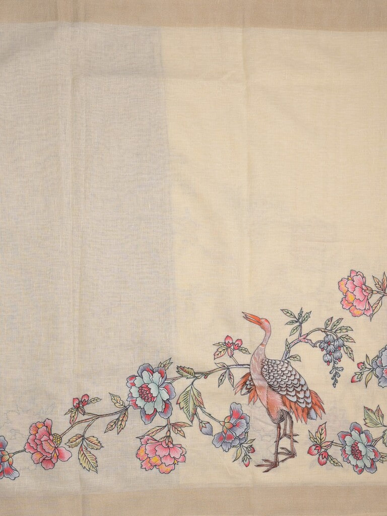Lenin fancy saree half white color allover plain & fancy border with contrast pallu and attached plain blouse