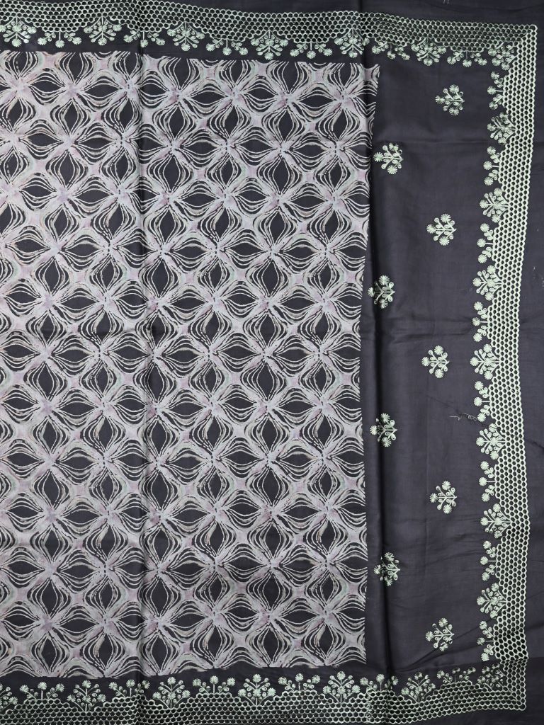 Tussar fancy saree grey color allover digital prints & zari border with contrast pallu and plain blouse