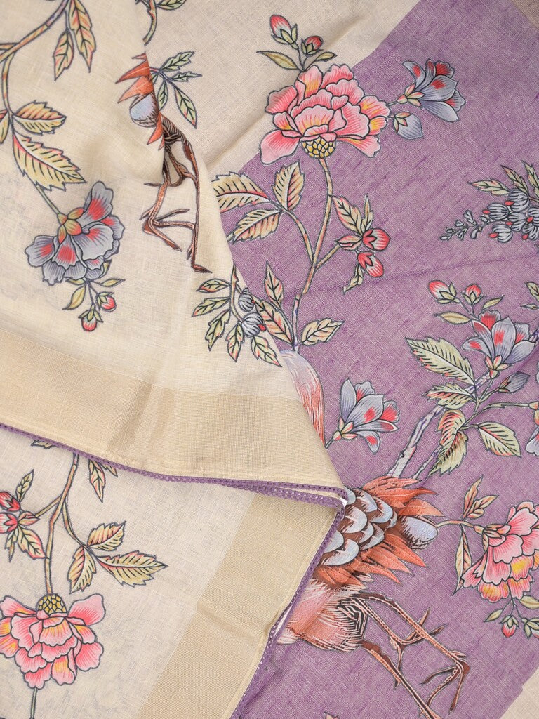 Lenin fancy saree half white color allover plain & fancy border with contrast pallu and attached plain blouse