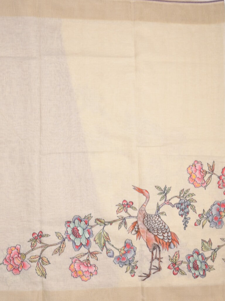Lenin fancy saree half white color allover plain & fancy border with contrast pallu and attached plain blouse