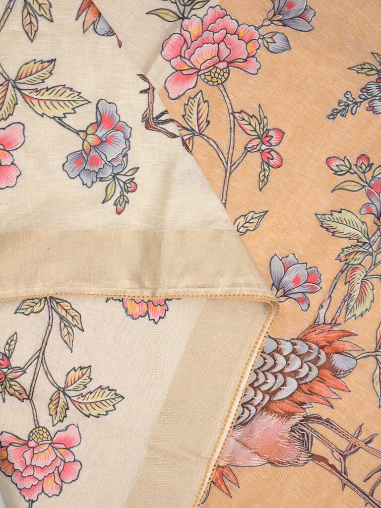 Lenin fancy saree half white color allover plain & fancy border with contrast pallu and attached plain blouse