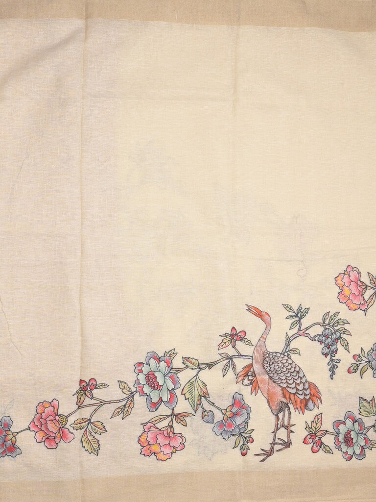 Lenin fancy saree half white color allover plain & fancy border with contrast pallu and attached plain blouse