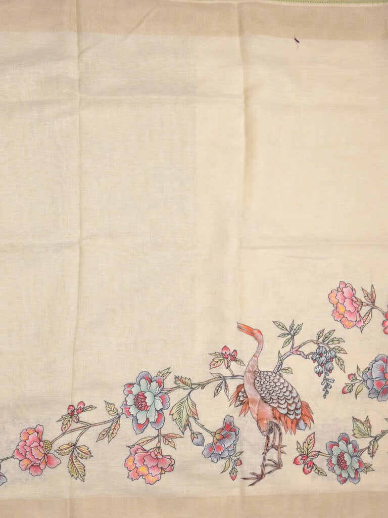 Lenin fancy saree half white color allover plain & fancy border with contrast pallu and attached plain blouse