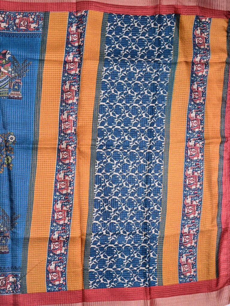 Manipuri silk fancy saree sky blue color allover prints & zari border with printed pallu and attached contrast blouse