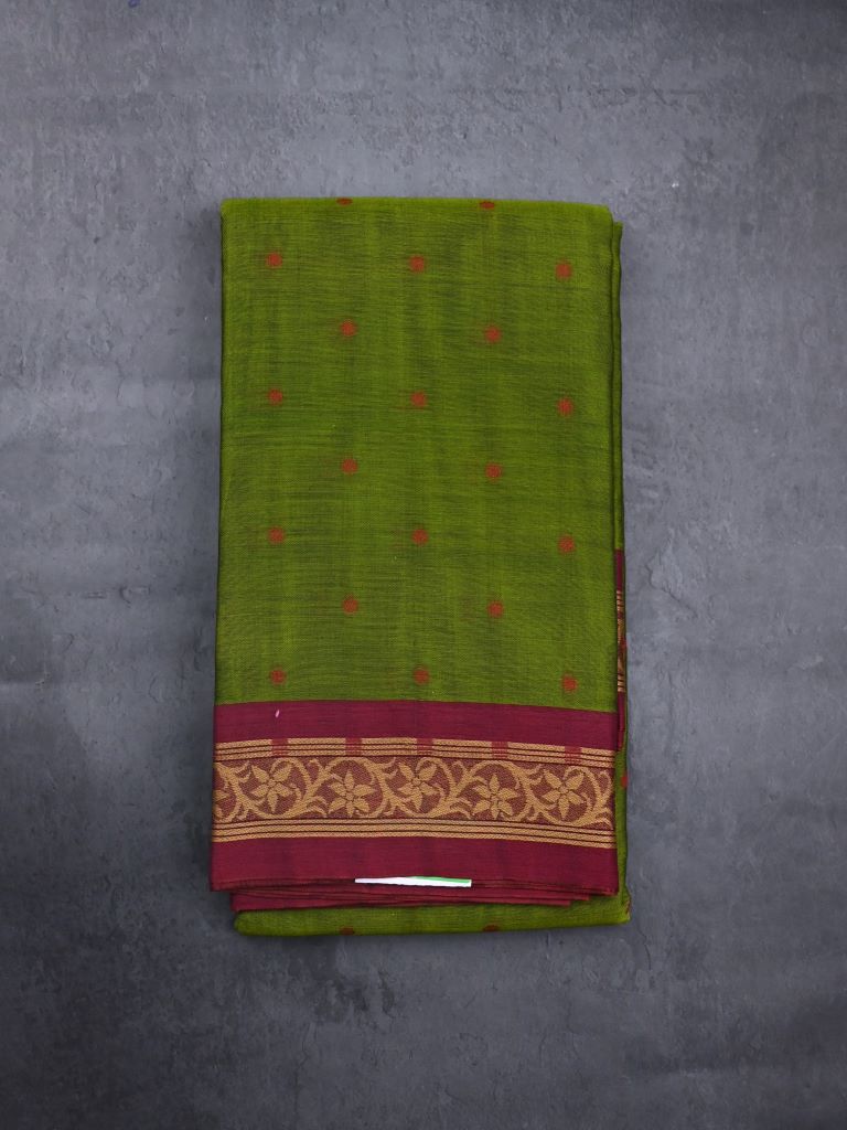 Dhaka cotton saree leaf green color allover thread motifs & thread weaving border with rich pallu and plain blouse