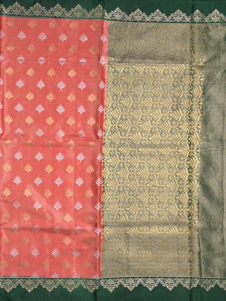 Dupion tissue fancy saree orange color allover zari motifs & zari border with rich pallu and attached blouse