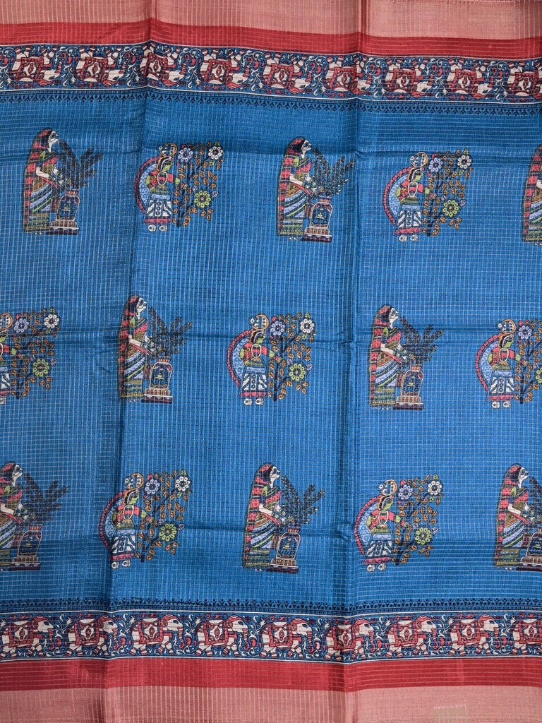 Manipuri silk fancy saree sky blue color allover prints & zari border with printed pallu and attached contrast blouse