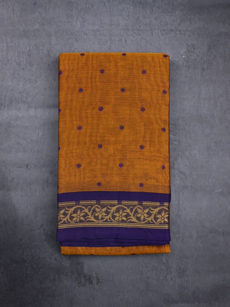 Dhaka cotton saree golden yellow color allover thread motifs & thread weaving border with rich pallu and plain blouse