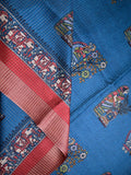 Manipuri silk fancy saree sky blue color allover prints & zari border with printed pallu and attached contrast blouse