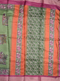 Manipuri silk fancy saree light olive green color allover prints & zari border with printed pallu and attached contrast blouse