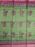 Manipuri silk fancy saree light olive green color allover prints & zari border with printed pallu and attached contrast blouse