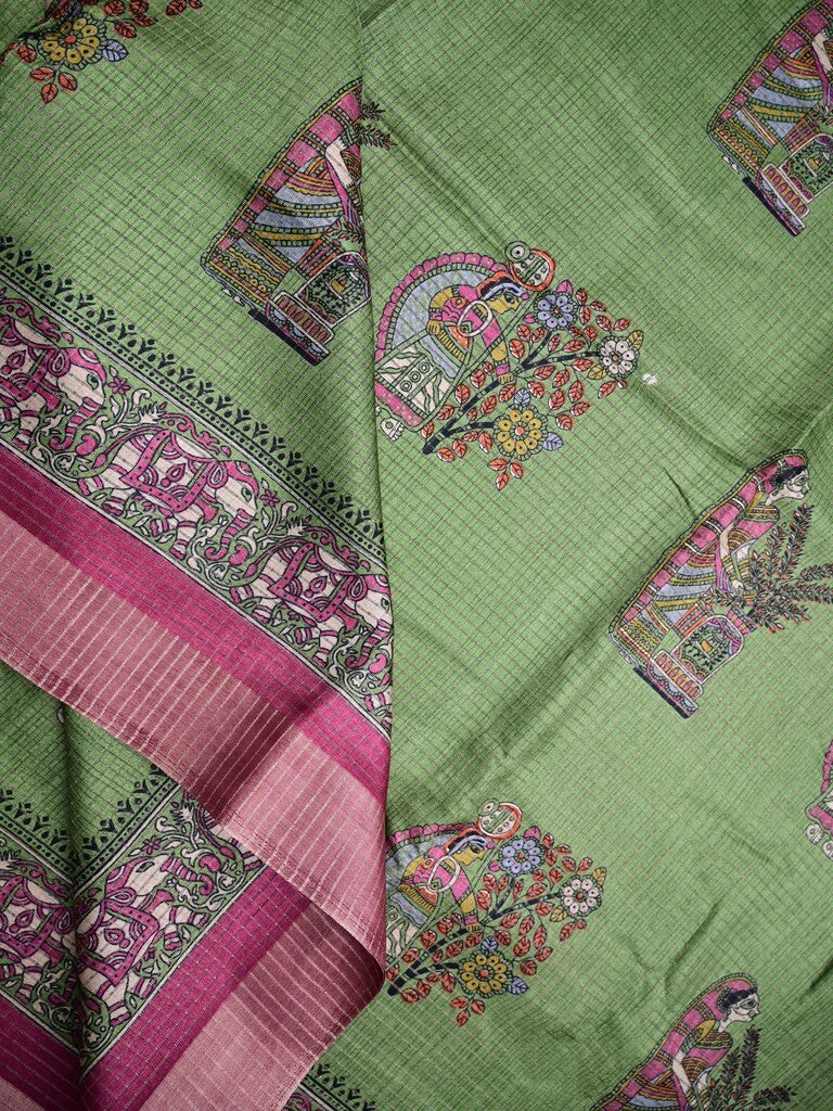 Manipuri silk fancy saree light olive green color allover prints & zari border with printed pallu and attached contrast blouse