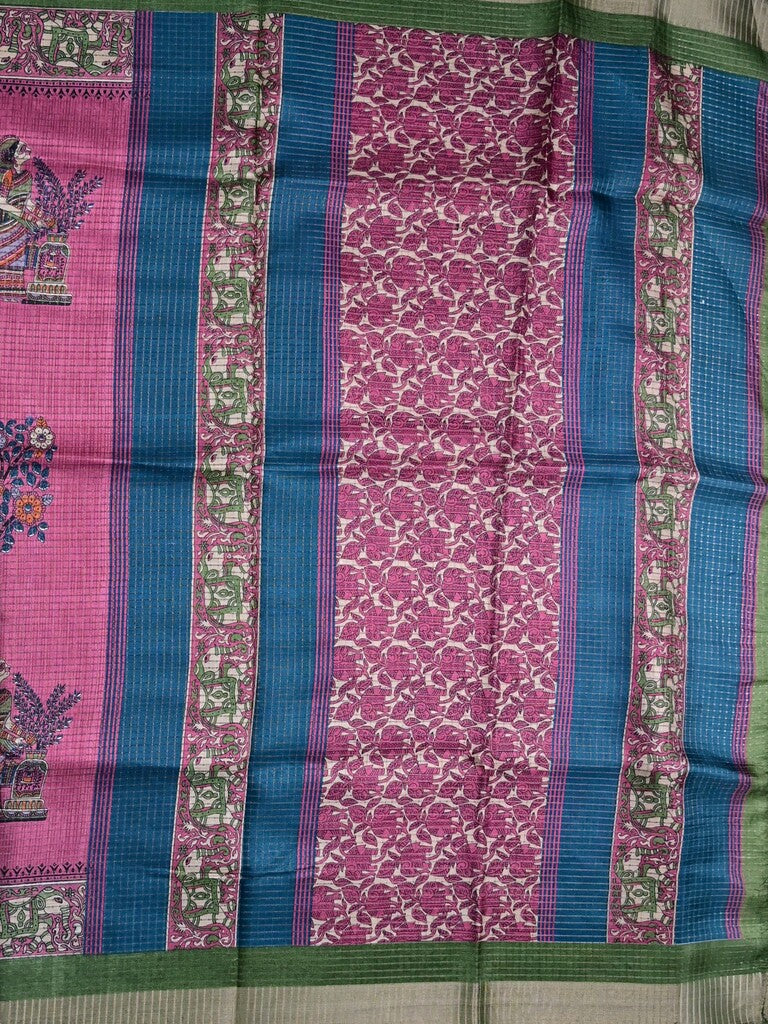 Manipuri silk fancy saree purple color allover prints & zari border with printed pallu and attached contrast blouse